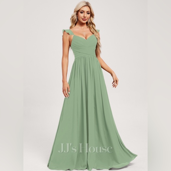 JJs House Basil Green A-line V-neck Floor-length Chiffon Bridesmaid Dress Sz 4 - Picture 2 of 5